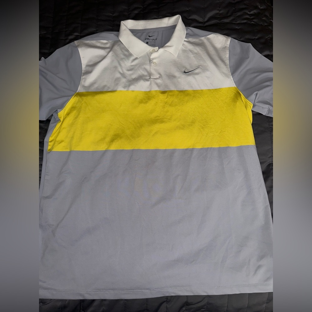 Nike Men's Polo Shirt in White, Yellow, and Gray